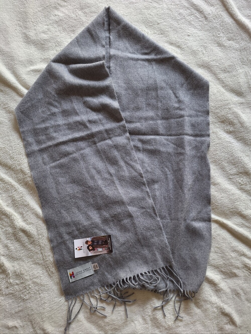 NWT John Hanly Ireland 100% Merino Wool Scarf Solid Grey 12x71 Unisex Fringe 117